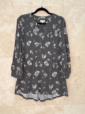 Wonderly Gray Floral Long Sleeve Button Henley Top Size L Super Soft